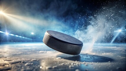 close-up shot of a hockey puck in motion , sports, game, ice, hockey, puck, dynamic, speed, action, 