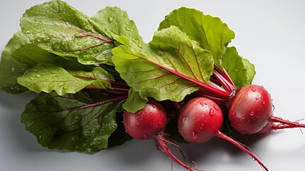 Close up of a fresh beet, macro photography, delicious textures, front view from above, studio lighting, white background.