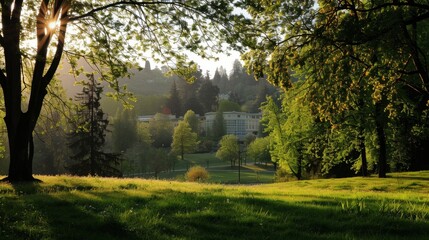 Poster - Green Grass and Trees with a Sunlit Building in the Background.