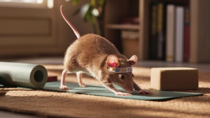 Canvas Print - A rat wearing a headband on top of an exercise mat, AI