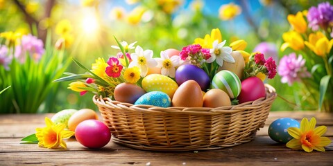 Vibrant and colorful Easter eggs in a basket surrounded by spring flowers and decorations, Easter, holiday, festive, celebration