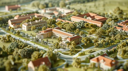 Wall Mural - Generate a photo realistic image of a maquette representing an educational campus such as a university or college with academic buildings, libraries, and student facilitie