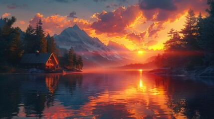 Wall Mural - Cabin by the Lake at Dusk