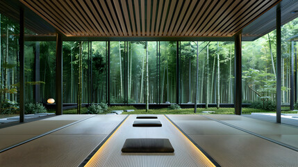 Wall Mural - Modern Minimalism Japanese interior Clean lines contemporary space. Sleek tatami mats seamlessly integrate with expansive windows, and the surrounding bamboo grove. natural harmonious  design