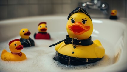 Poster - A group of rubber ducks in a bathtub with soap and bubbles, AI