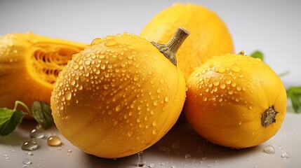 Canvas Print - Close up of a fresh butternut squash, macro photography, delicious textures, front view from above, studio lighting, white background.