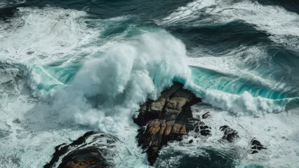 Poster - A large wave crashing into a rock formation in the ocean, AI