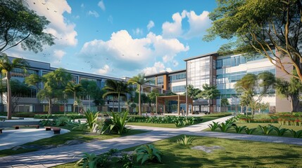 Wall Mural - Modern Office Building with Green Landscaping.