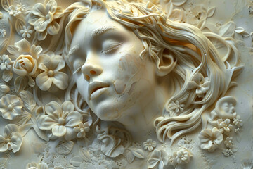 3D relief rococco style person and flowers background wallpaper generative ai