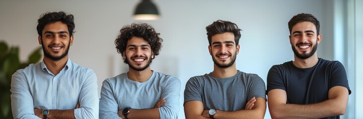 Wall Mural - Set of four smiling young men standing with arms crossed isolated on a white background