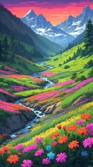 Wall Mural - valley of flowers national park india natural wonders around the world retro neon