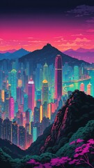 Wall Mural - victoria peak hong kong natural wonders around the world retro neon