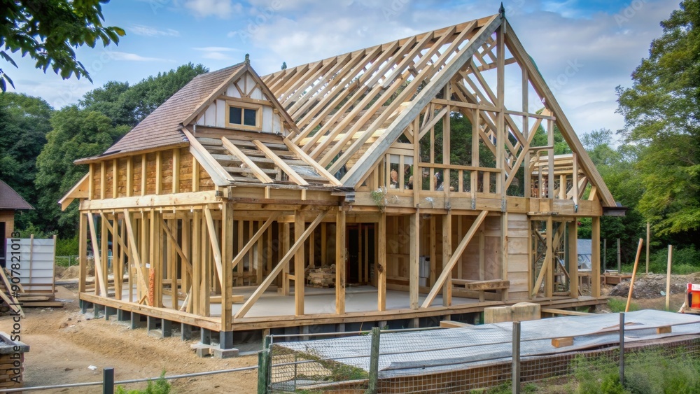 House construction in traditional timber frame building style with ...