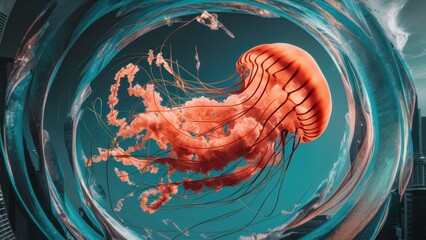 Sticker - A jellyfish is swimming in a circular aquarium with city lights, AI