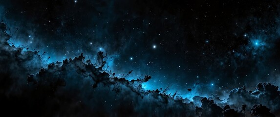blue formation of celestial space galaxy plain black background wide angle panoramic view backdrop c