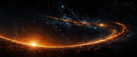 Wall Mural - orange formation of celestial space galaxy plain black background wide angle panoramic view backdrop copy space