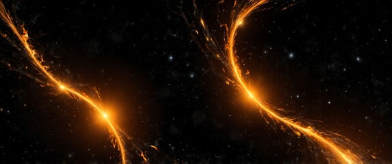 Wall Mural - orange motion lights in space galaxy plain black background wide angle panoramic view backdrop copy space