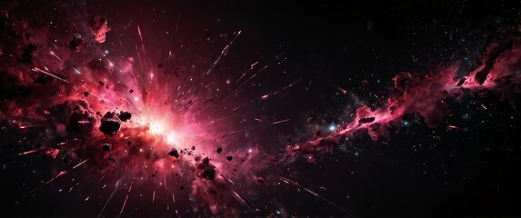 Wall Mural - pink lights explosion in space galaxy plain black background wide angle panoramic view backdrop copy space