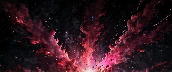 Wall Mural - pink lights explosion in space galaxy plain black background wide angle panoramic view backdrop copy space