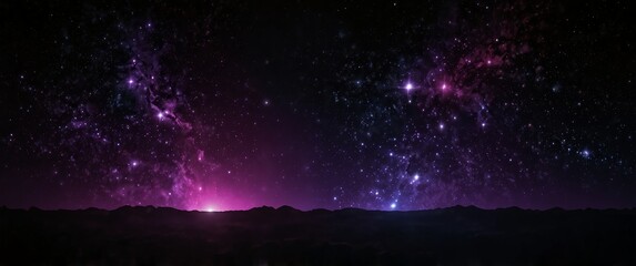 Wall Mural - purple abstract lights in space plain black background wide angle panoramic view backdrop copy space