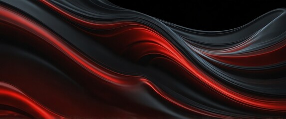 Wall Mural - red abstract metallic liquid waves plain black background wide angle panoramic view backdrop copy space