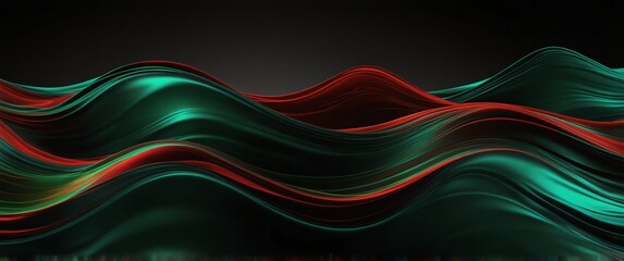 Wall Mural - red green abstract metallic liquid waves plain black background wide angle panoramic view backdrop copy space