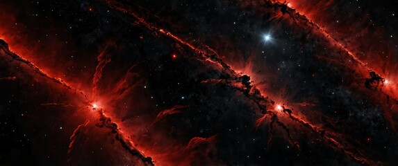Wall Mural - red formation of celestial space galaxy plain black background wide angle panoramic view backdrop copy space