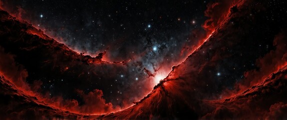 Wall Mural - red formation of celestial space galaxy plain black background wide angle panoramic view backdrop copy space