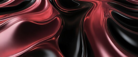 Wall Mural - red pink abstract metallic liquid waves plain black background wide angle panoramic view backdrop copy space