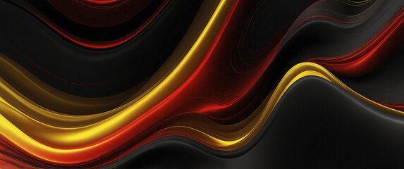 Wall Mural - red yellow abstract metallic liquid waves plain black background wide angle panoramic view backdrop copy space