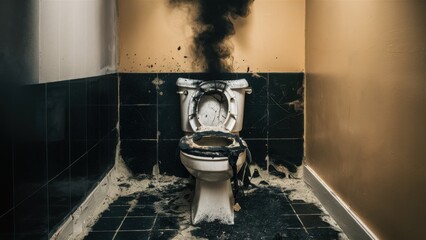 Sticker - A dirty toilet in a bathroom with black smoke coming out of it, AI