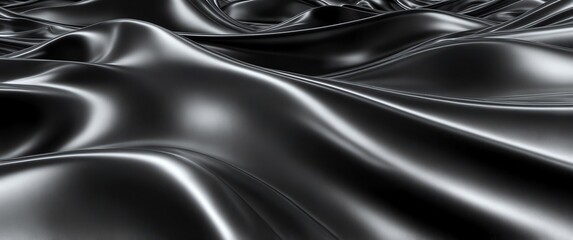 Wall Mural - silver abstract metallic liquid waves plain black background wide angle panoramic view backdrop copy space