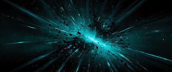 Wall Mural - teal lights explosion in space galaxy plain black background wide angle panoramic view backdrop copy