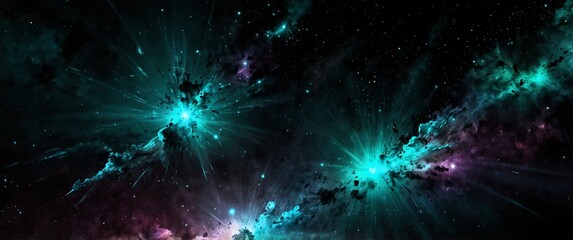 Wall Mural - teal lights explosion in space galaxy plain black background wide angle panoramic view backdrop copy