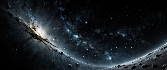Wall Mural - white formation of celestial space galaxy plain black background wide angle panoramic view backdrop 