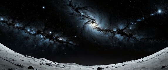 Wall Mural - white formation of celestial space galaxy plain black background wide angle panoramic view backdrop copy space