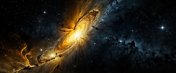 Wall Mural - yellow formation of celestial space galaxy plain black background wide angle panoramic view backdrop