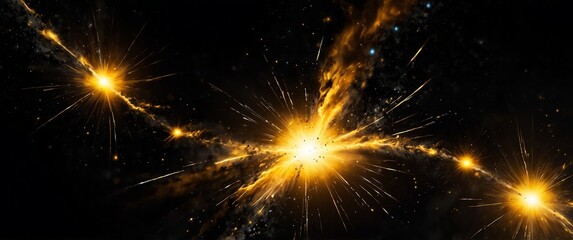 Wall Mural - yellow lights explosion in space galaxy plain black background wide angle panoramic view backdrop copy space