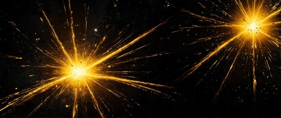Wall Mural - yellow lights explosion in space galaxy plain black background wide angle panoramic view backdrop copy space