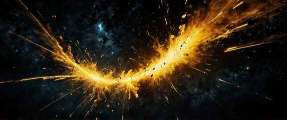 Wall Mural - yellow lights explosion in space galaxy plain black background wide angle panoramic view backdrop co