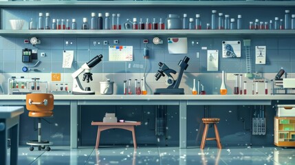 Wall Mural - Empty Laboratory With Microscopes and Test Tubes.