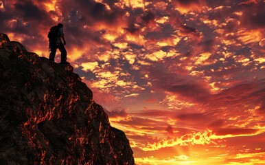 Wall Mural - Silhouette of a hiker standing on a rocky cliff against a vibrant sunset sky with dramatic clouds