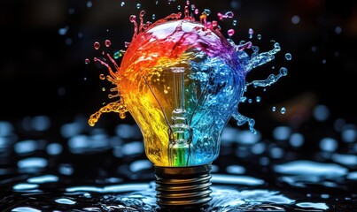 Wall Mural - lightbulb idea concept with colorful liquid of splashing unique creative idea on black background
