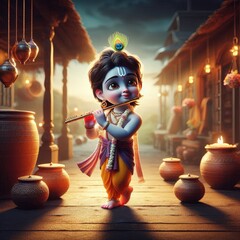 Wall Mural - Shree Krishna for Janmashtami, Makhan Chor, Bal Krishna, Cute	