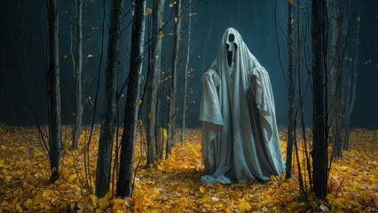 Wall Mural - A ghostly figure in a white robe standing among the trees, AI