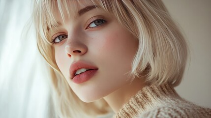 Fashion-forward model girl with a blonde bob, in a professional shoot, focusing on beauty and style