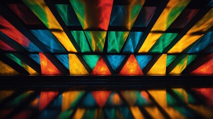 Wall Mural - colorful glowing triangles abstract in black background copy space design