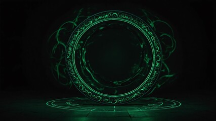 Wall Mural - green glowing magic circle in black background copy space design