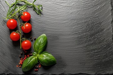 Wall Mural - Vine of fresh cherry tomatoes with basil leaves and peppercorns on a dark slate background, showcasing their vibrant colors and natural appeal