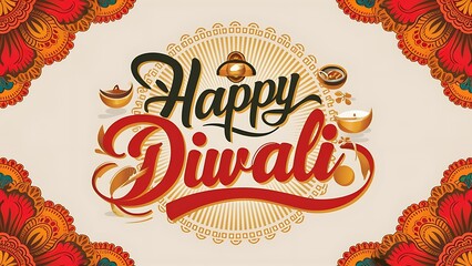 Wall Mural - Diwali, Celebrate the Festival of Lights with Traditional Diyas and Rangoli - Happy Diwali, Greeting Card Design for Joyous Occasions, Diwali typography, Offer, Tag, calligraphy, text, 